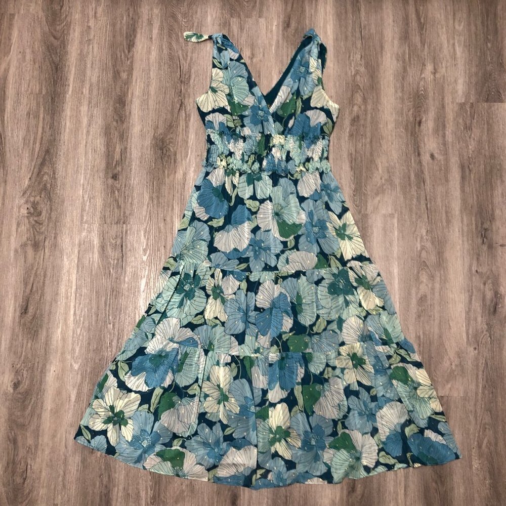 Nwt Taylor Midi Dress Women’s Size 6 Tiered Ruffle Blue Green Floral Metallic — image 3 of 8